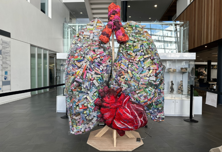 Image depicts an art installation of a pair of lungs with a heart on display at Walsall College atrium.