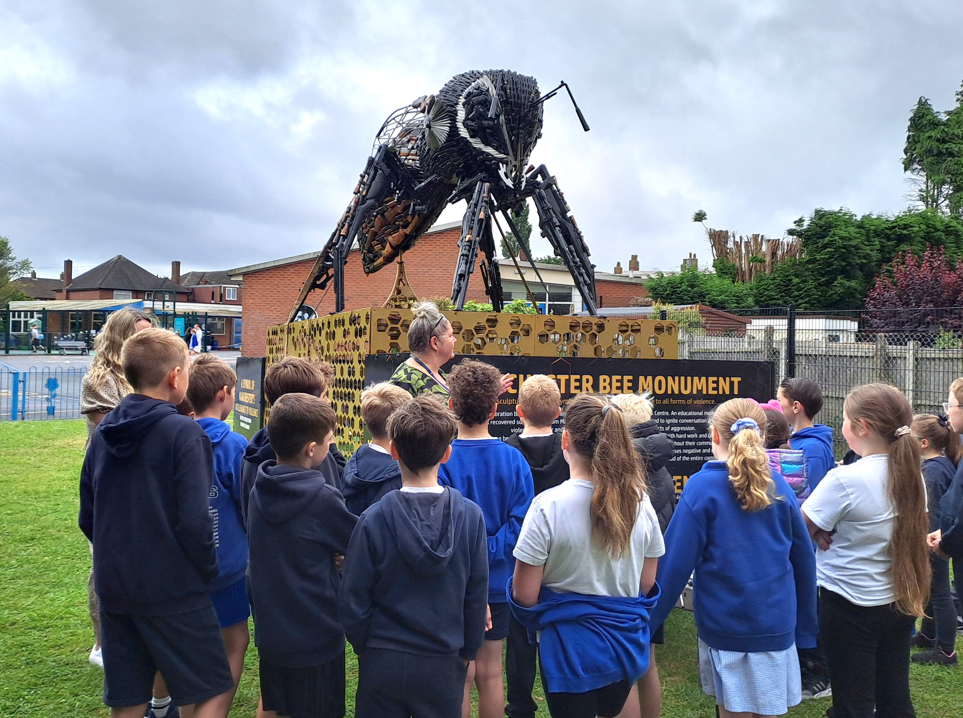 The Manchester Bee monument at Holy Trinity primary school in Clayhanger.