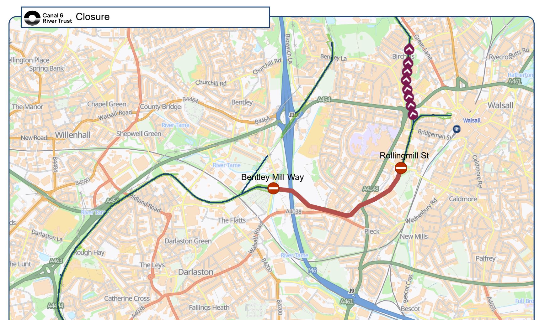 Map of the red zone area - Walsall Canal