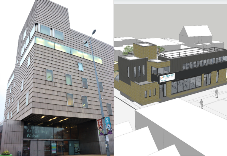 Image depicts two photographs of The New Art Gallery Walsall and an artist impression of Bloxwich Launchpad.