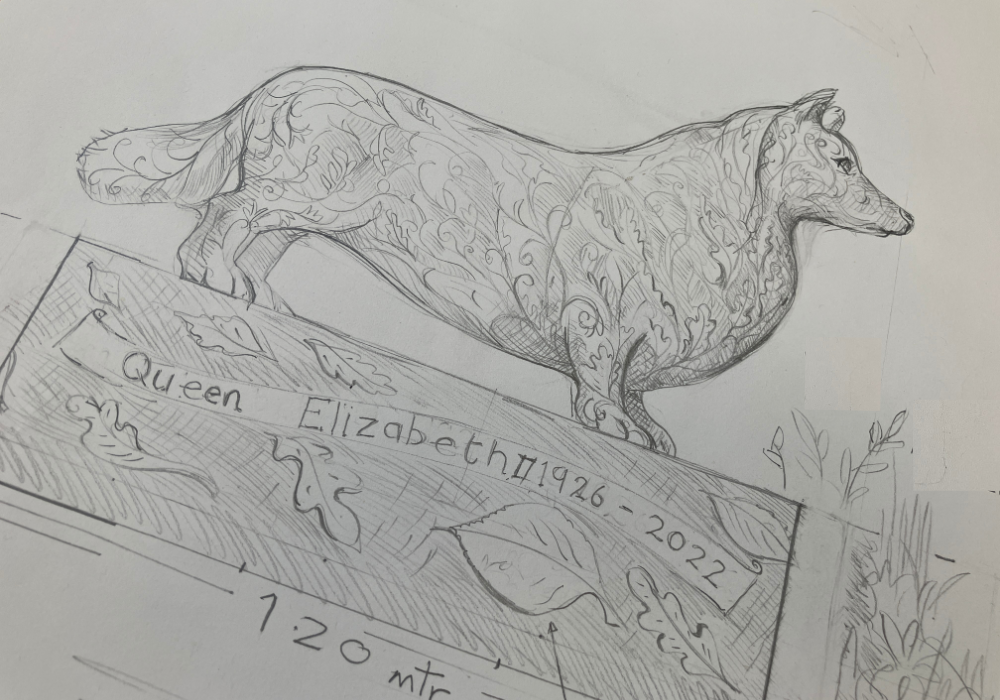 Pencil sketch of a corgi sculpture on a plinth.