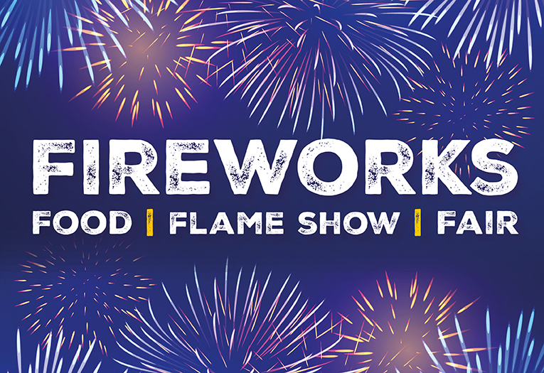 Fireworks, food, flame show and fair - in white text, on a night sky background with firework bursts around the words.