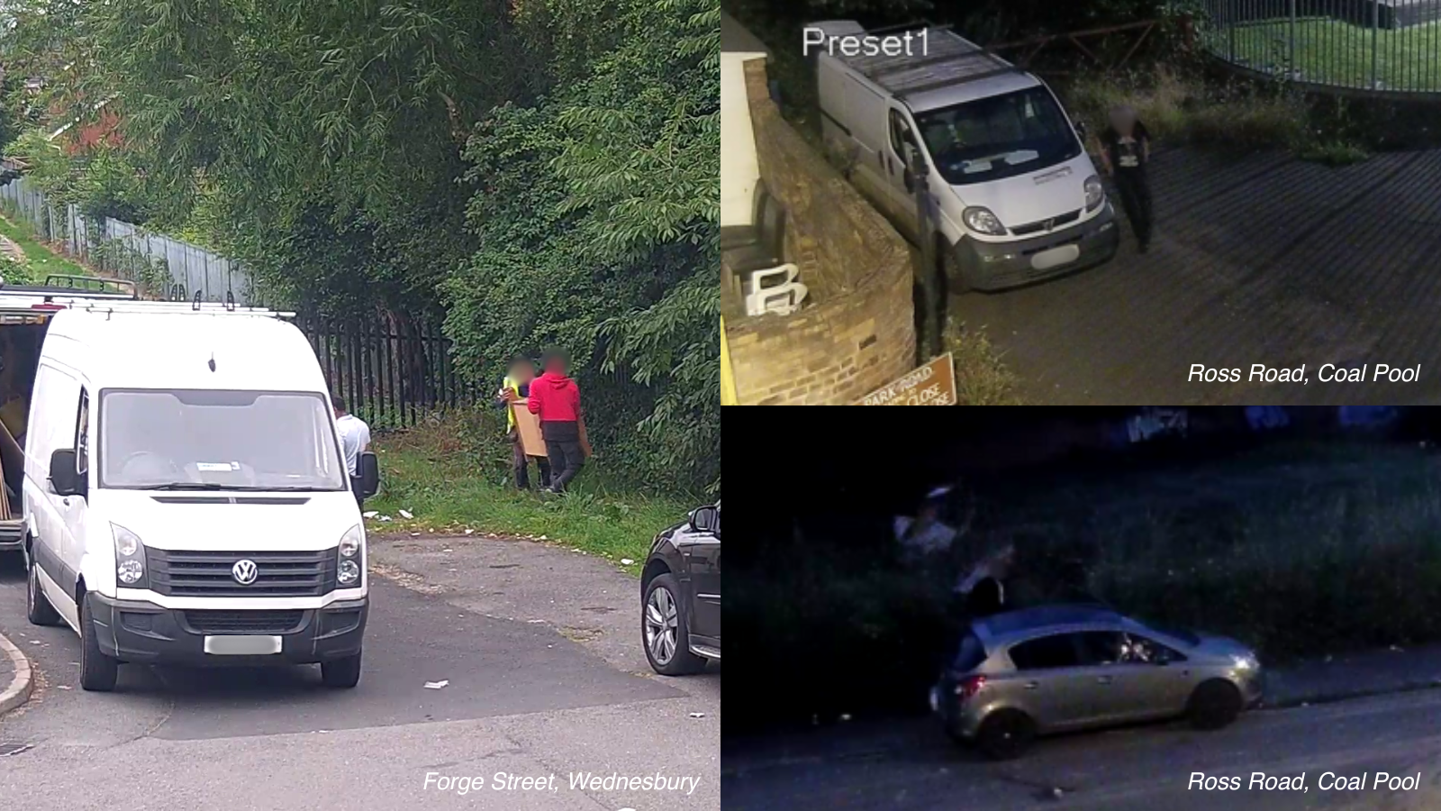 A collage of CCTV footage, capturing fly-tippers in the act. 