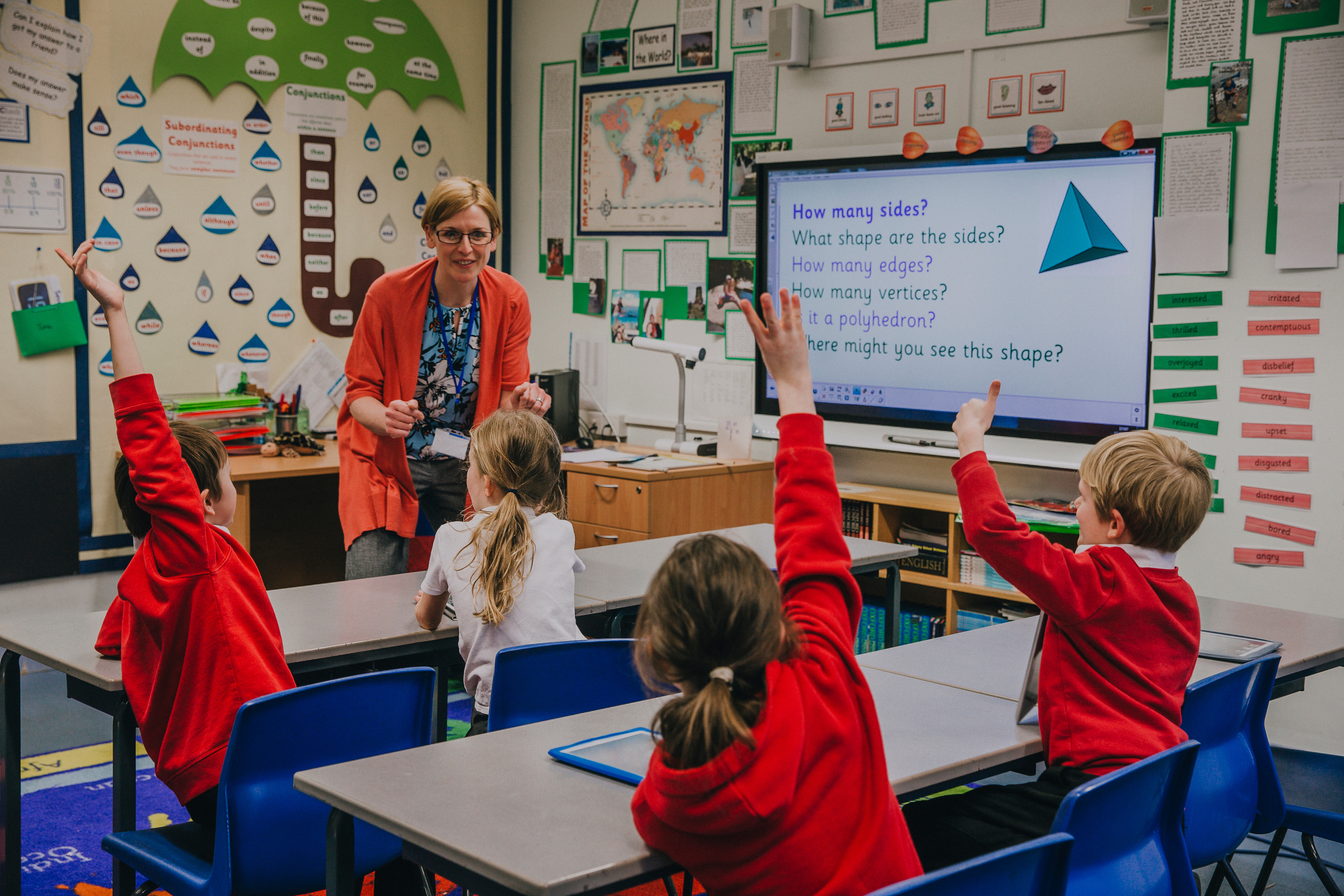 a teacher sits at the front of a primary school classroom. children are at desks and some have their hand raised.