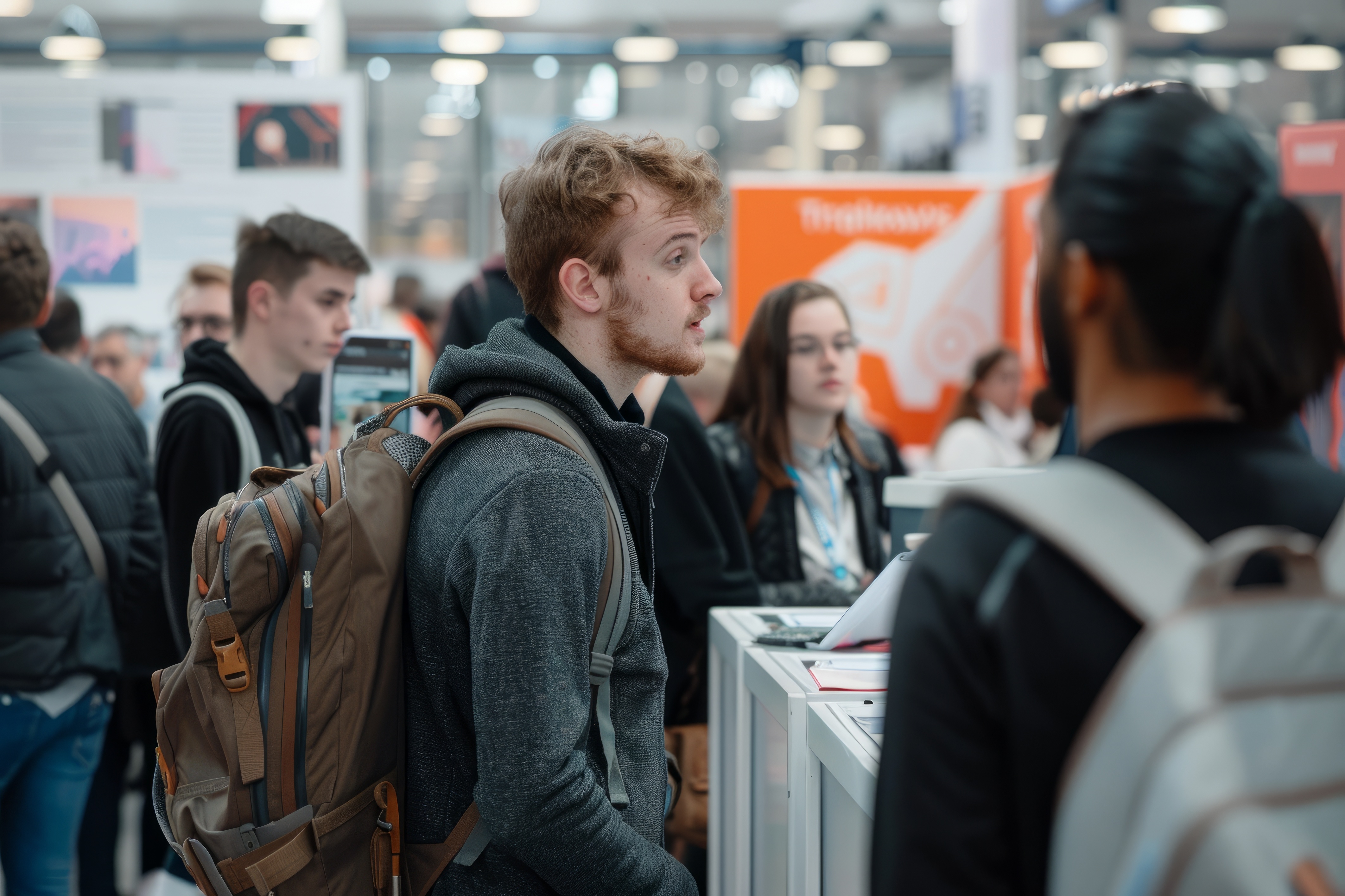 Male person at a well attended jobs fair speaking with an exhibitor