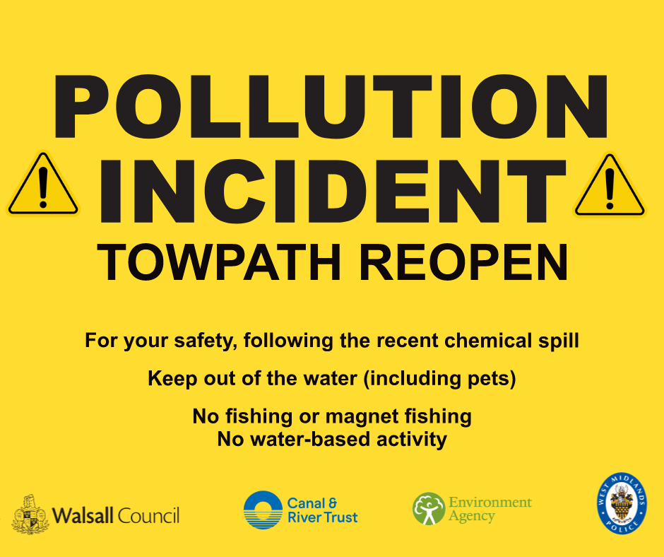 Image reads pollution incident - towpath reopen notice.