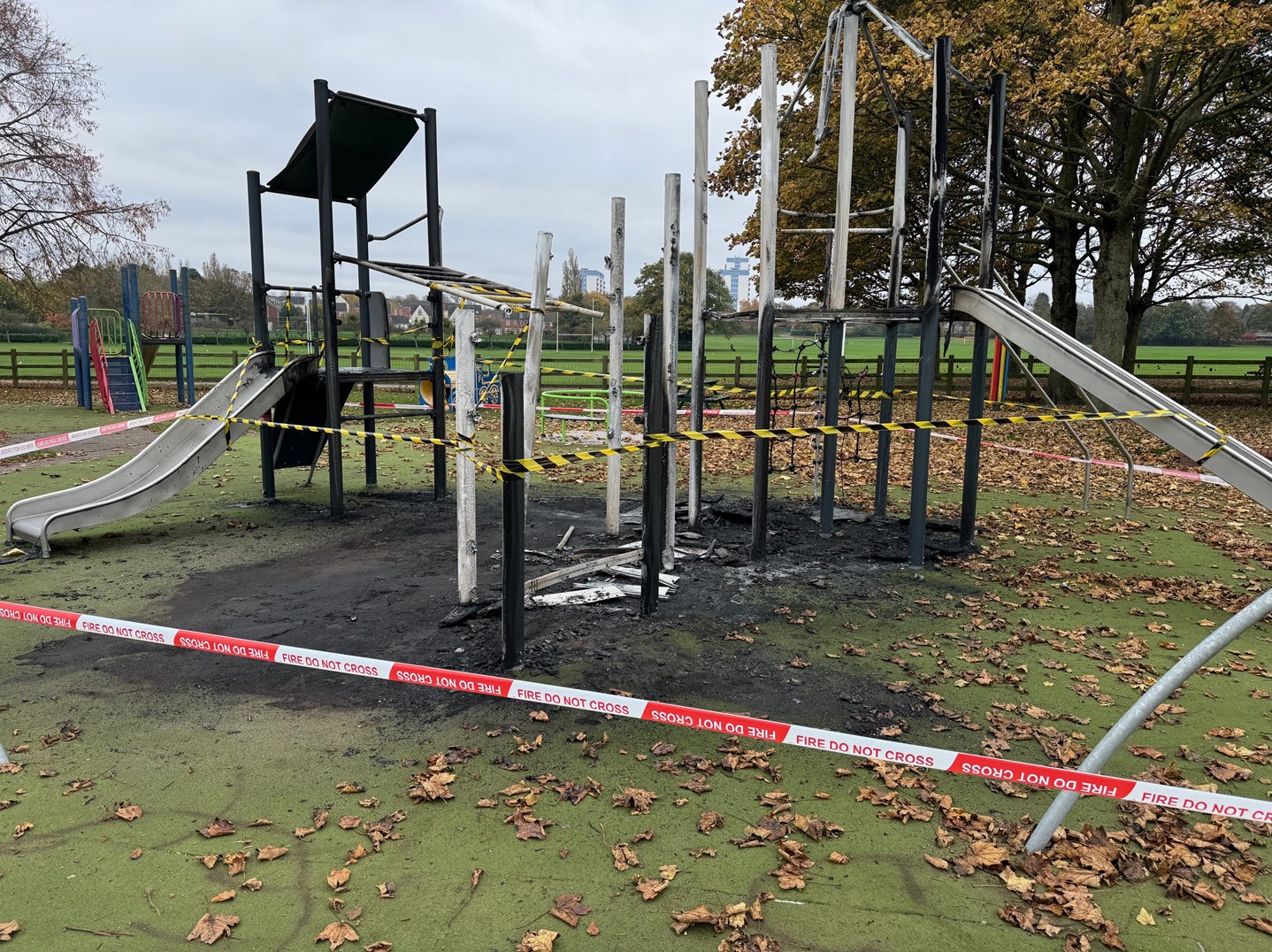 Image depicts play equipment damaged by arson in King George V Playing Fields, Bloxwich.