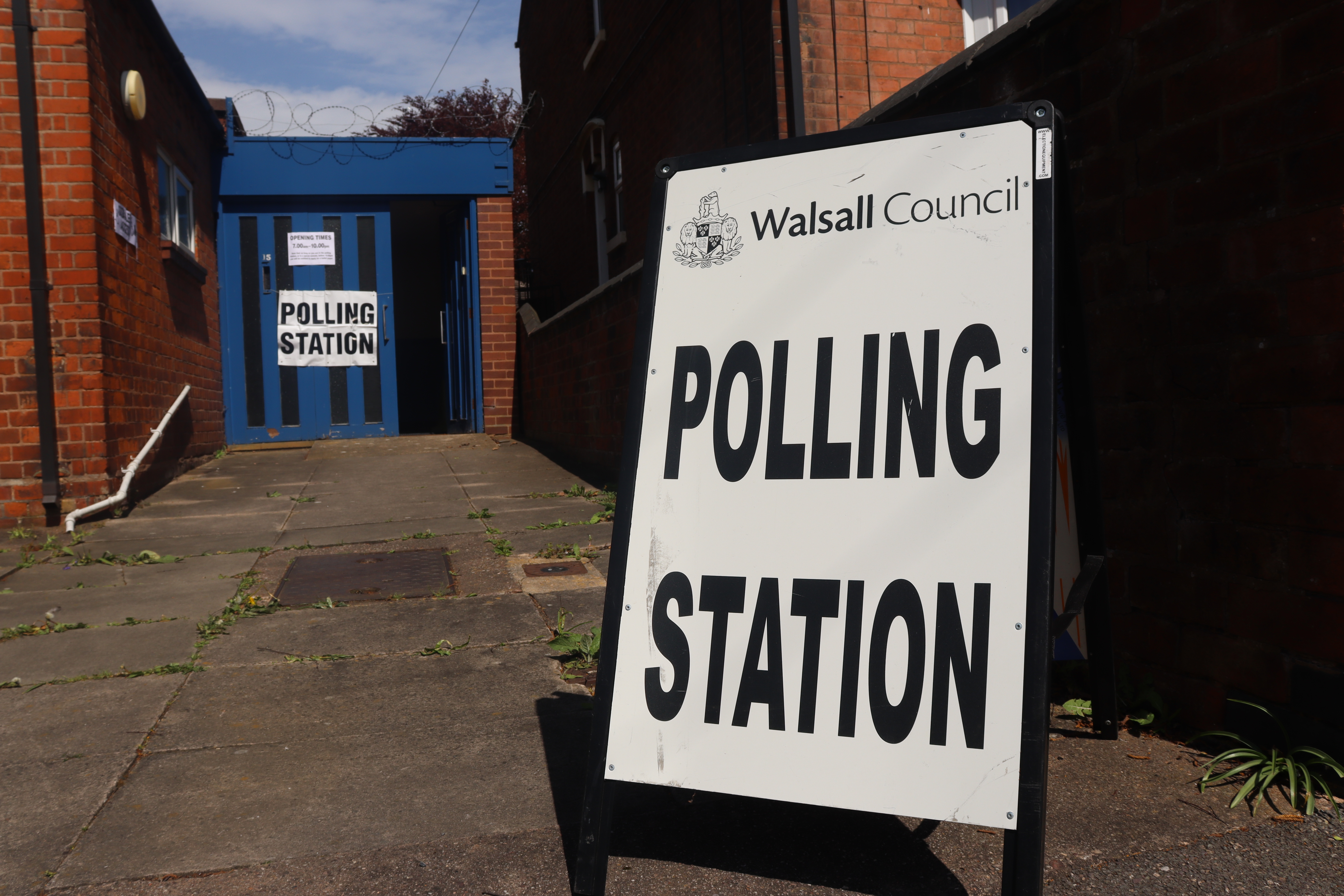 Polling station with sign outside