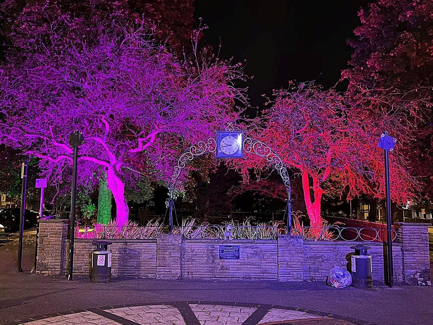 Pelsall Clock Tower lit up in red