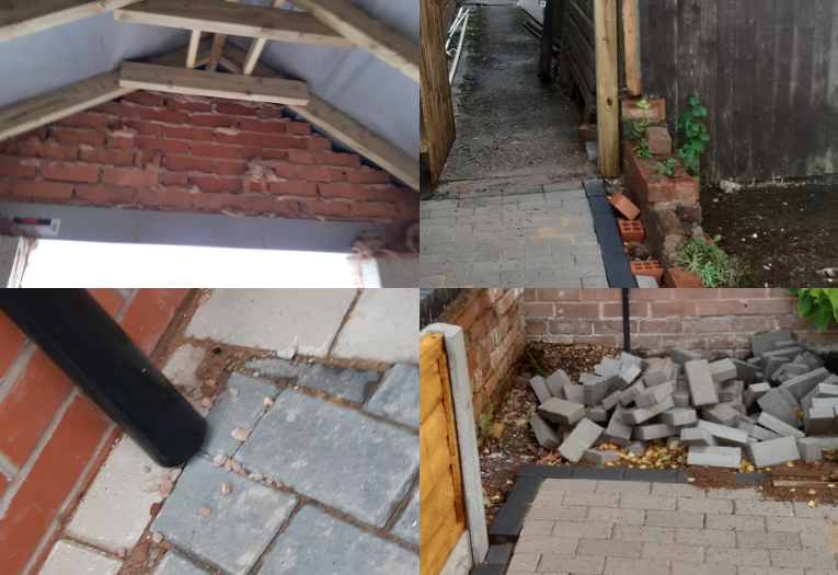 Image depicts a collage of four photographs of poor work undertaken on home improvements.