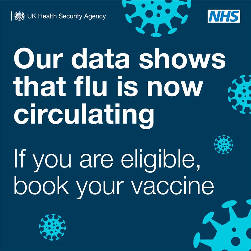 Image reads our data shows that flu is circulating. If you are eligible, book your vaccine.