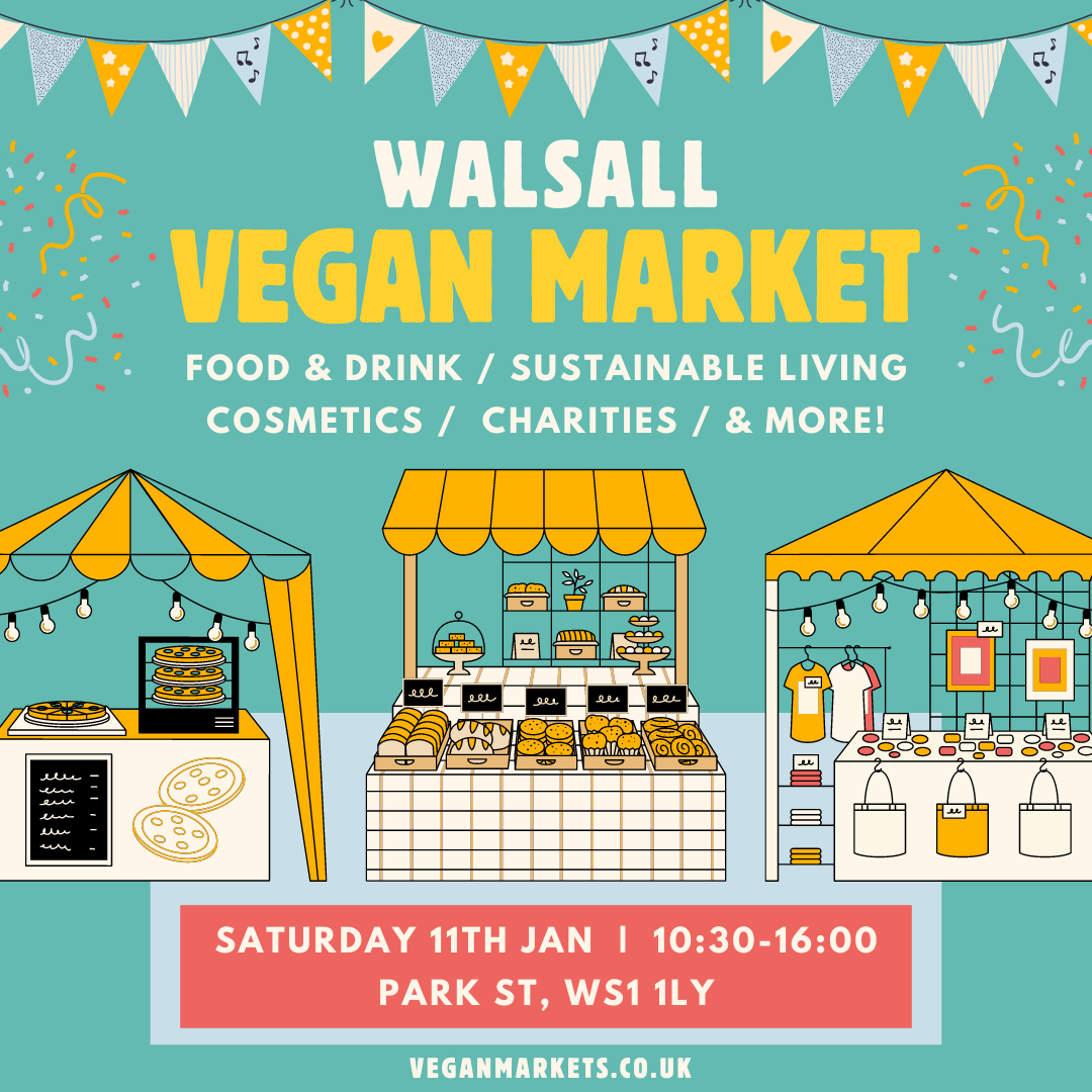 Vegan Market poster with stalls and date (Saturday January 1 10:30am to 4pm)