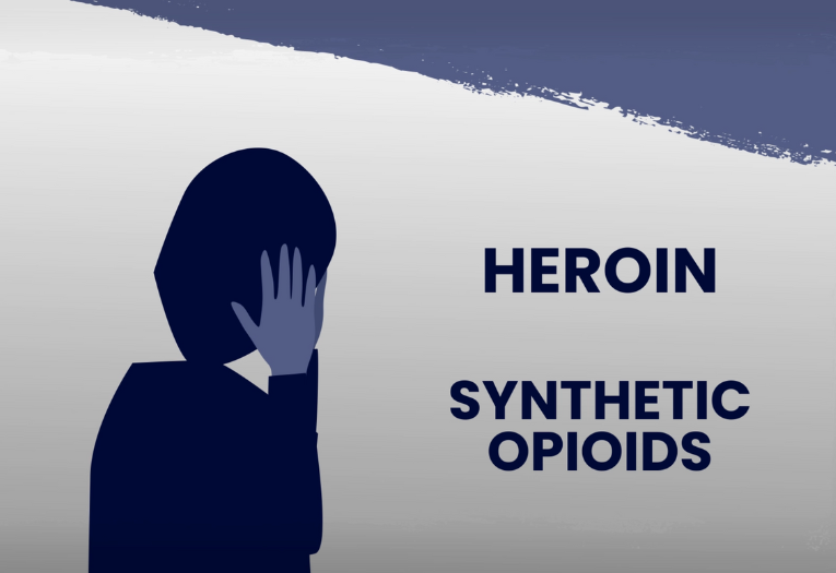 Image depicts a silhouette of a person with their hands on their side. The words Heroin and Synthetic Opioids appear.