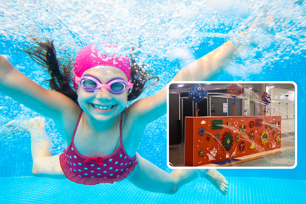 girl in a pink spotty costume with pink hat and goggles underwater smiling with an insert of an indoor pool orange water feature with water squirting from fish mouths and holes in the wall