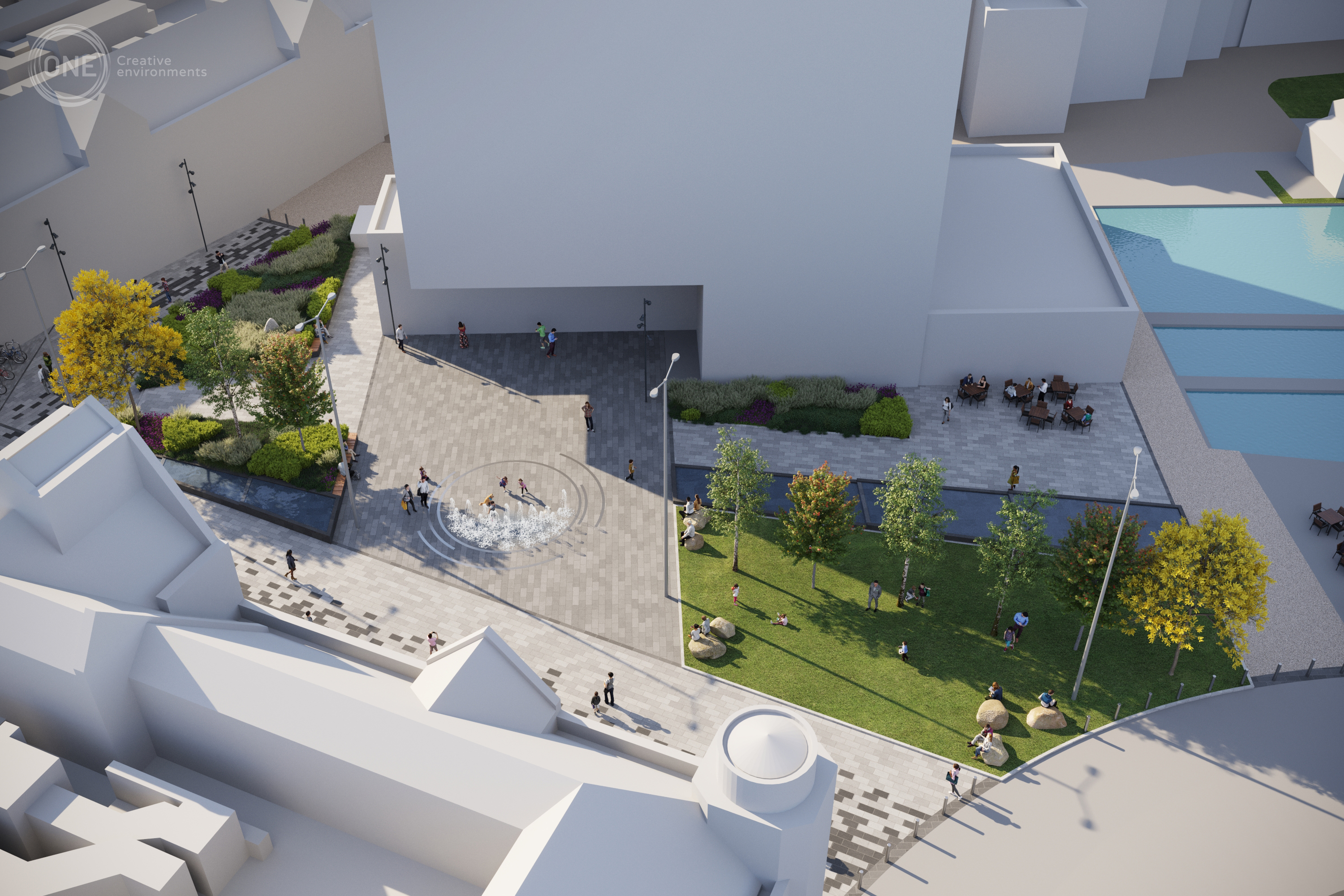 An artists impression of an aerial view of gallery square 