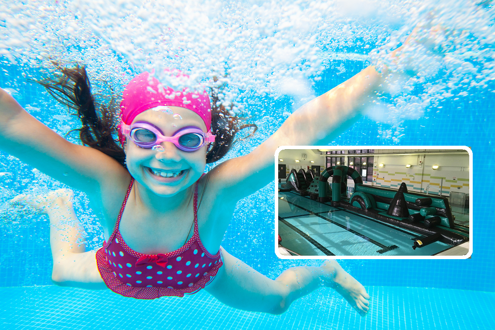 Girl in a pink costume with hat and goggles on under water smiling with and insert of a black and blue pool inflatable in an empty pool