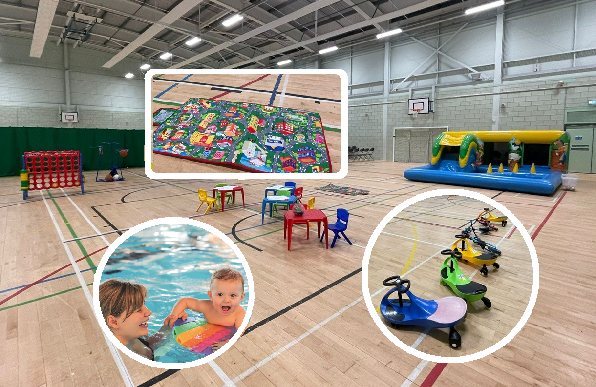 Sportshall with bouncy castle and ride on toys, a giant connect four and an insert image of adult and baby in a swimming pool