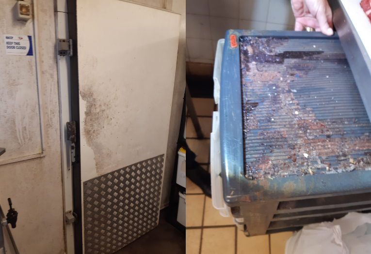 Image depicts two photos of uncleanliness in a food premises.