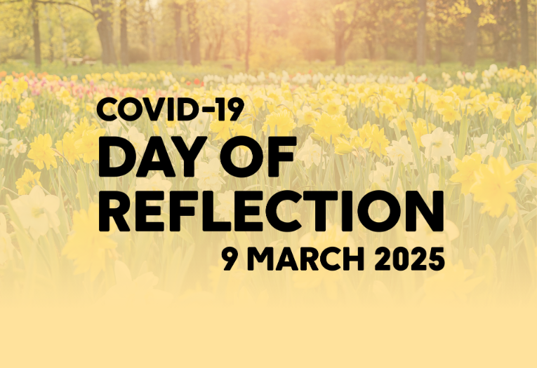 Image reads COVID-19 Day of Reflection 9 March with a field of daffodils in the background and a yellow gradient.