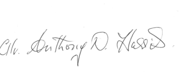 Image depicts a signature for Councillor Anthony Harris.