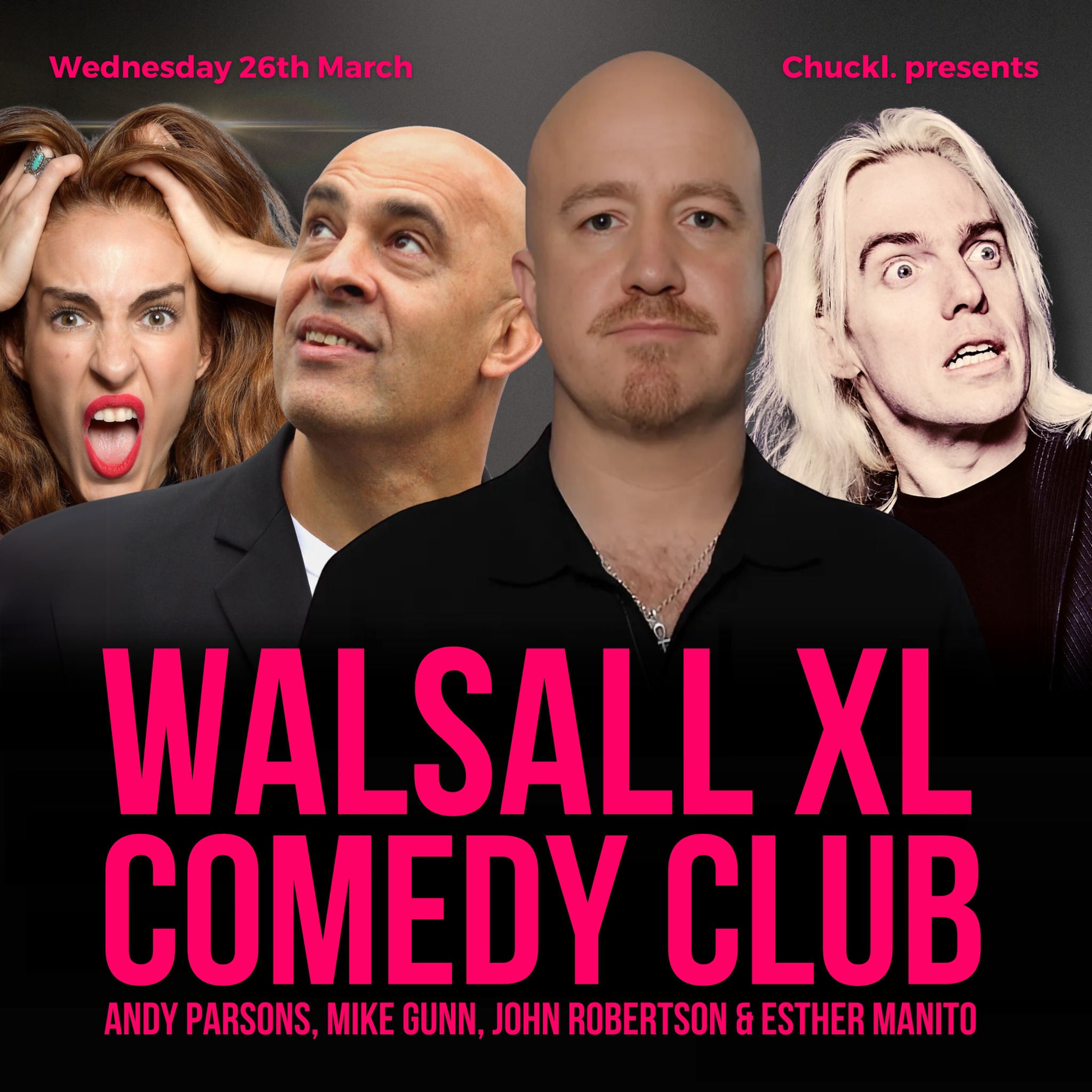 Comedy club flyer with pictures of performers.