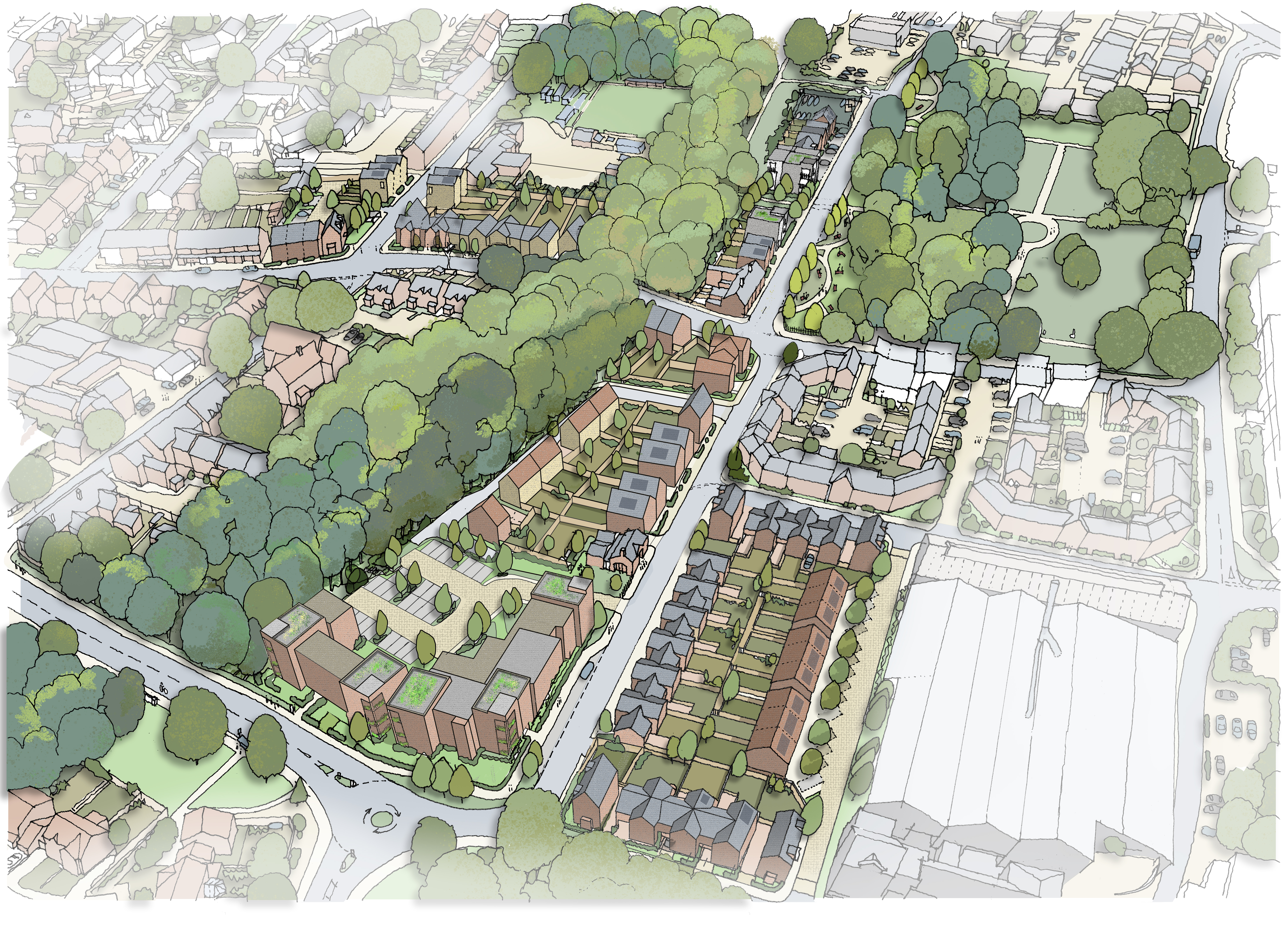 An artists impression of an aerial view of new housing