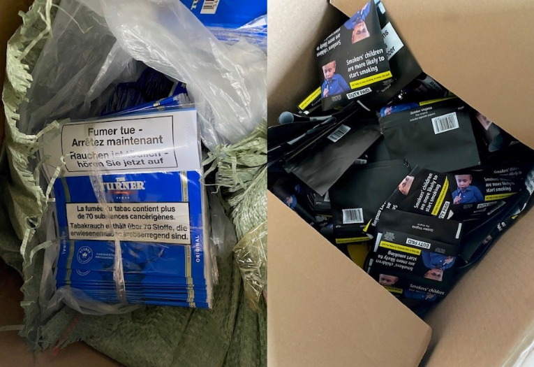 Image depicts two photographs showing counterfeit tobacco packaging.