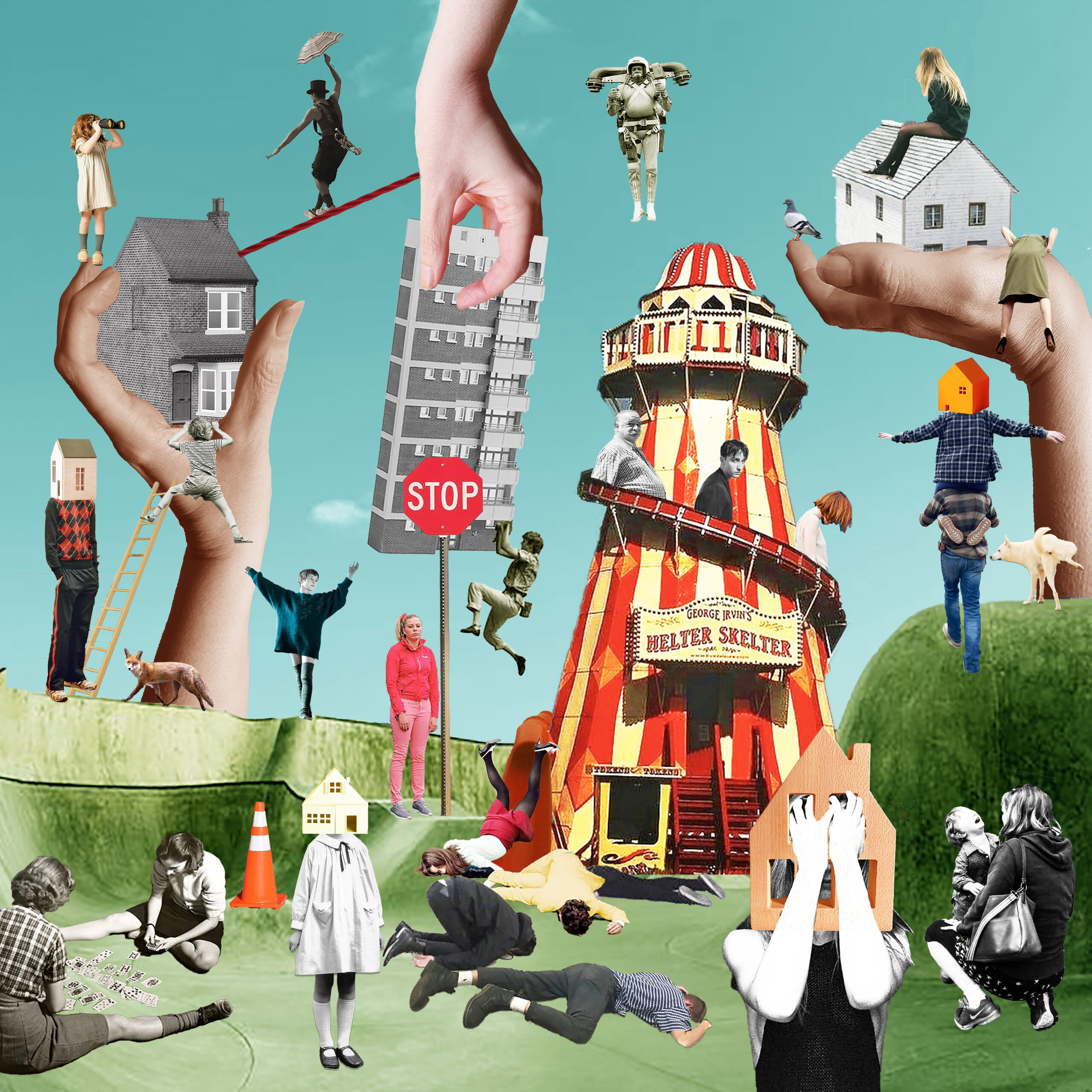 Collage featuring a helter skelter, houses and hands