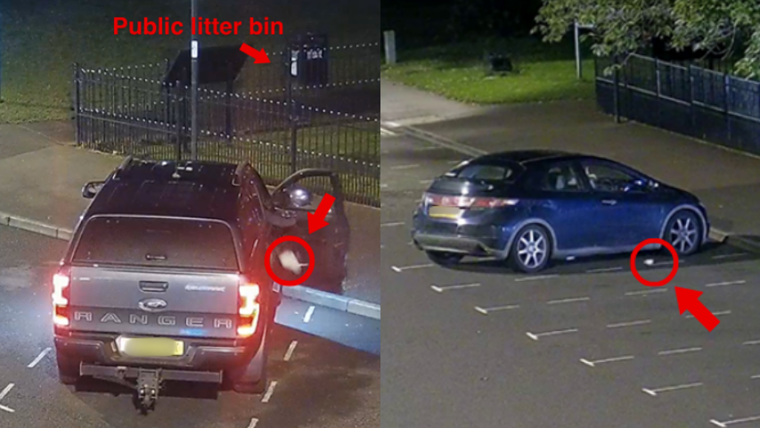L Mr Mitchell Hedges of Pelsall, dumping litter on Pelsall High Street. R Mr Christian Orton of Derby, dumping litter on Pelsall High Street