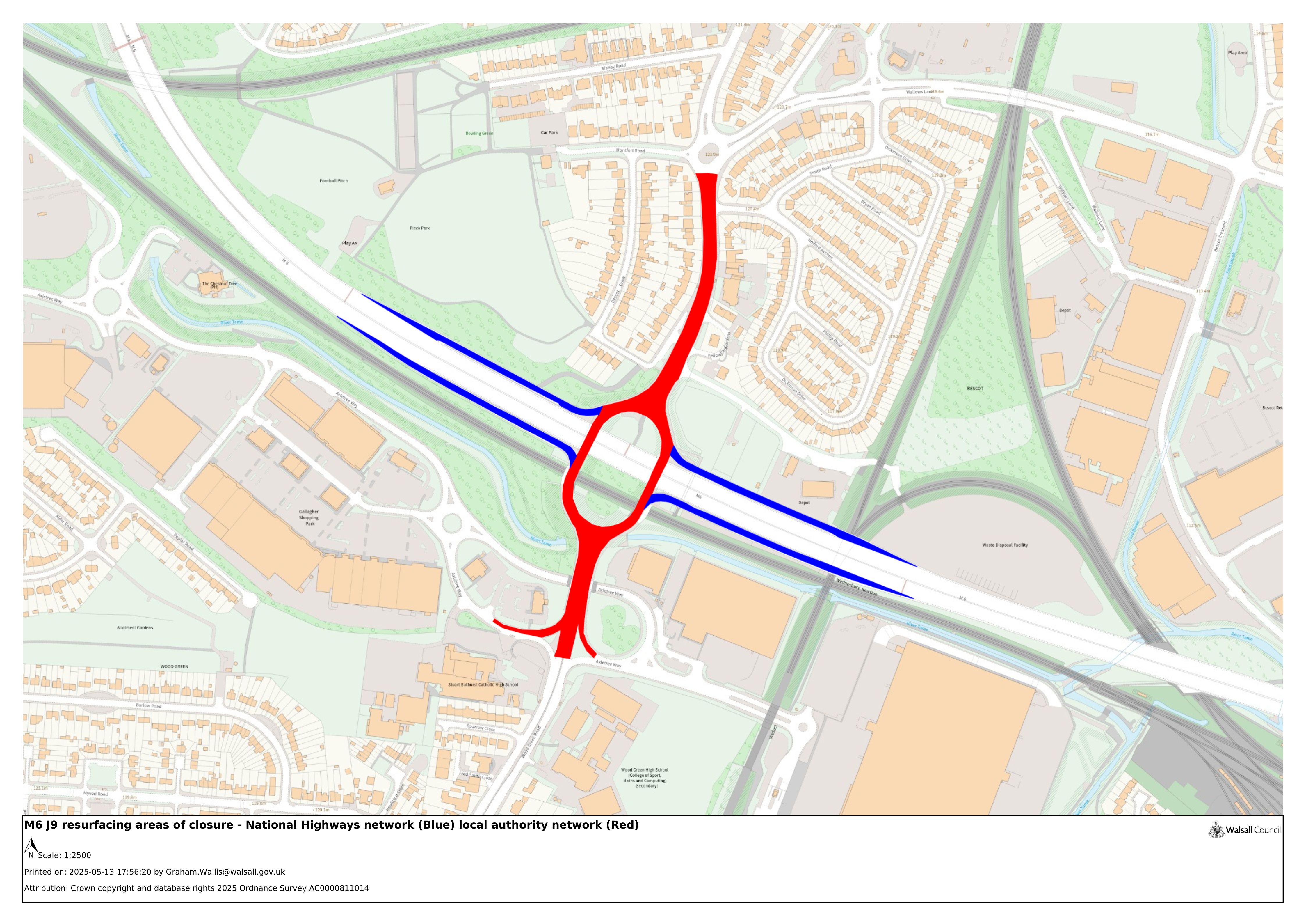 M6 J9 resurfacing areas of closure - National Highways network (Blue) local authority network (Red)