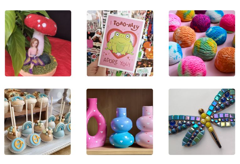 A selection of things being sold at the Makers' Fest - prints, cake and soap