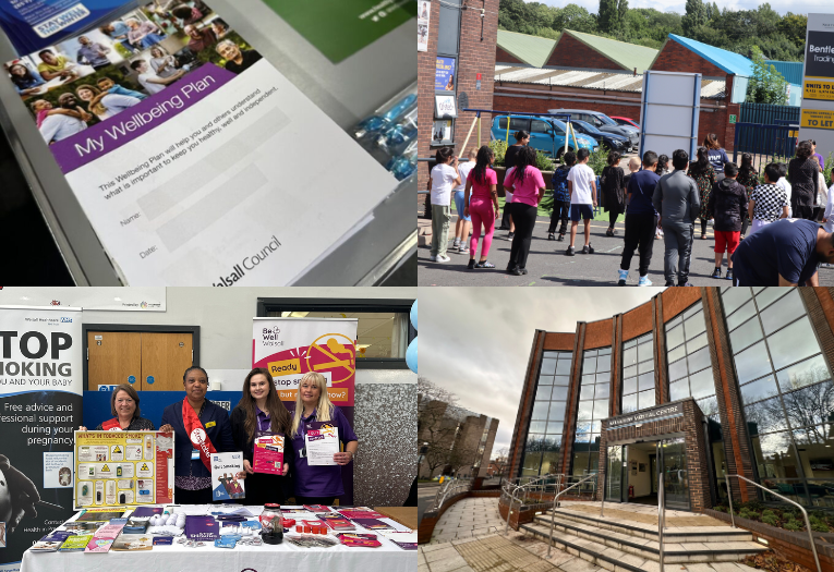 Image depicts a collage of four photographs on the Wellbeing Plan, quit smoking support, young people doing physical activity and Hatherton Medical Centre.