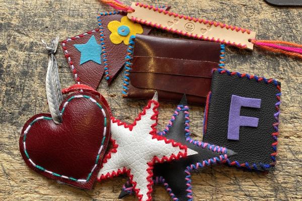 Handmade leather decorations, purse and bracelet