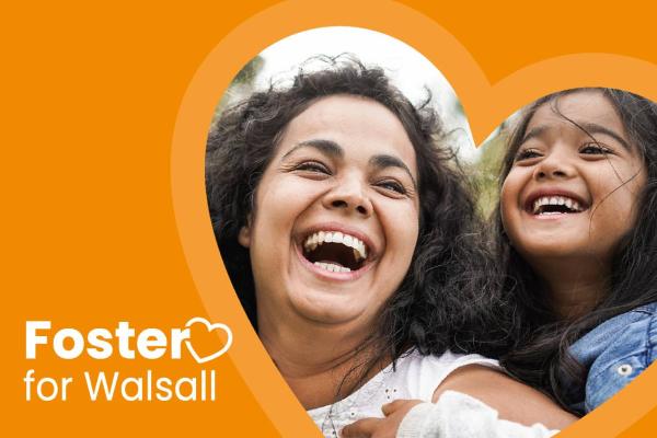 Woman and girl laughing, along with the Foster for Walsall logo