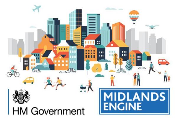 Townscape with logos of HM Government and Midlands Engine