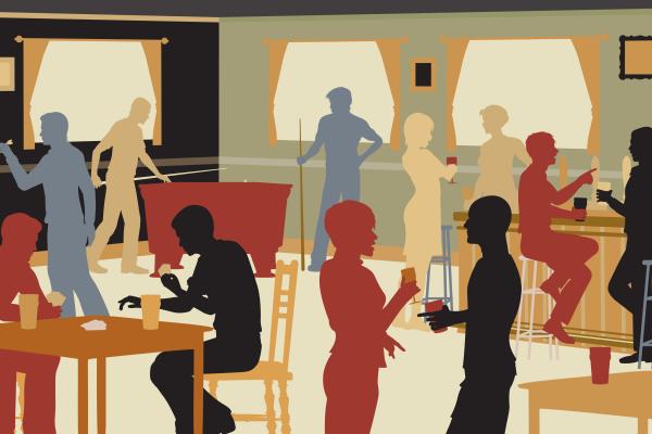 Silhouettes of people in a pub, drinking and playing cards and pool