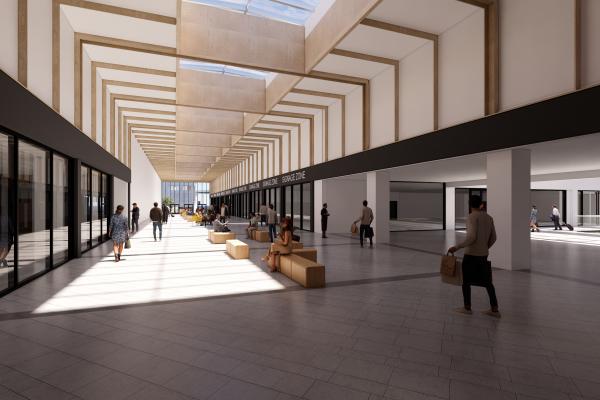 Artist's impression of the new walkway at Walsall train station, a wide corridor with skylights