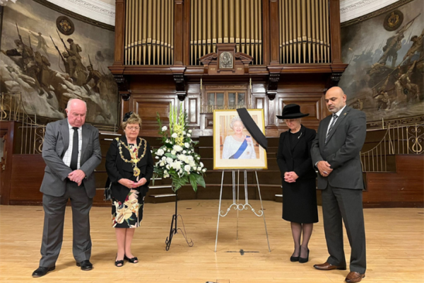 Councillor Mike Bird, Mayor of Walsall Rose Martin, Chief Executive Dr Helen Paterson and leader of the opposition take part in moment of reflection