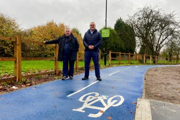 Councillor Adrian Andrew and Adam Tranter at a newly opened cycle lane on Wolverhampton Road West Bentley.