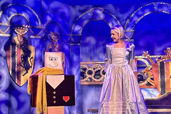 Image depicts an actor on stage performing at Sleeping Beauty panto at Walsall Arena.