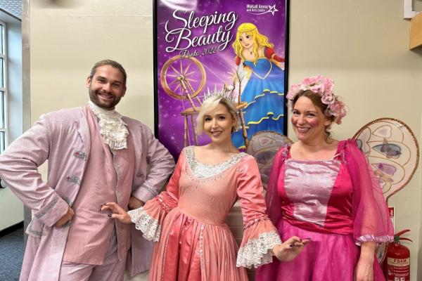 Image shows three cast members of the Sleeping Beauty panto at Walsall Arena and Arts Centre