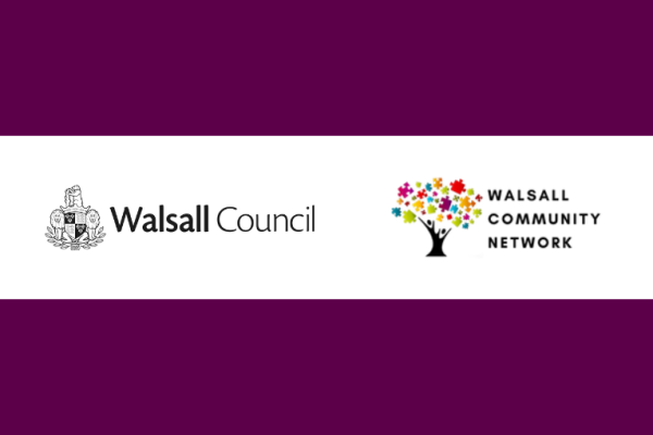 Image depicts the Walsall Council and Walsall Community Network logos on a white strip in the middle against a purple background.