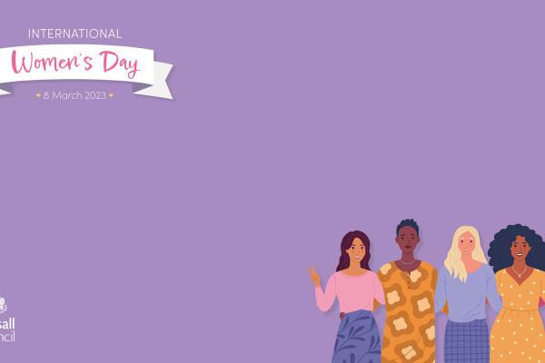 A purple background with an International Women's Day banner. In the bottom right corner is an illustration of 5 women.