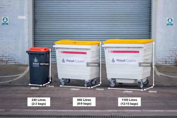 Three commercial general waste bins in three different sizes.
