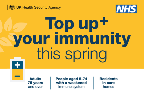 Image depicts a graphic with the following information: Top up+ your immunity this spring. Adults 75 years and over. People aged 5-74 with a weakened immune system. Residents in care homes.