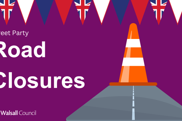 Image says Street Party Road Closures, depicted by designs of a red, blue and white coloured bunting, an orange traffic cone and a road.