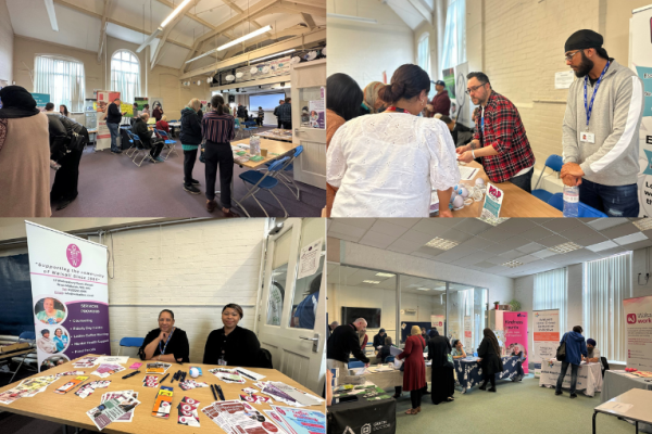 Image depicts a collage of four different photos of a community wellbeing event at Nash Dom CIC in Walsall