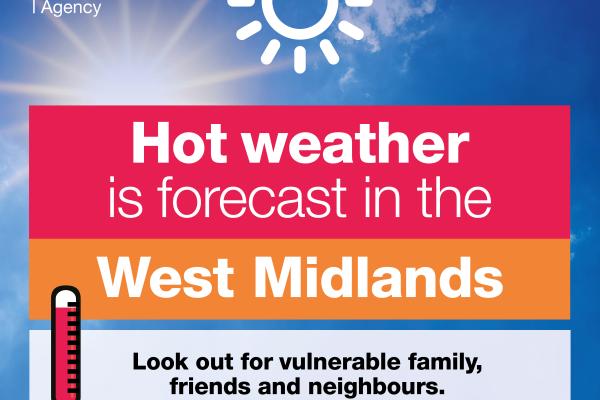 Graphic showing the sun in a blue sky. Look out for vulnerable family, friends and neighbours. Make sure they are aware of how they can keep cool and hydrated.