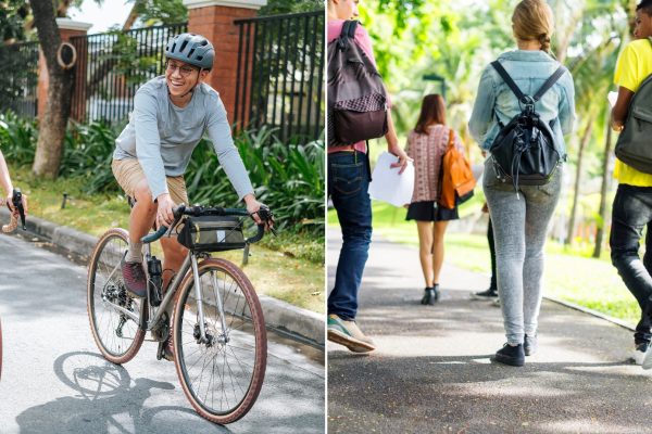 Image shows a collage of two photos depicting cycling and walking.