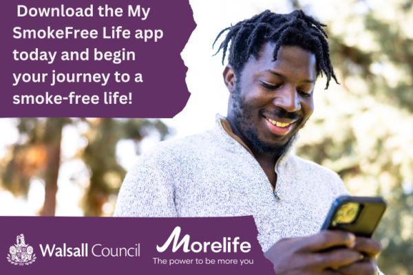 Image depicts a man looking at his smartphone. Text - download the My SmokeFree Life app today and begin your journey to a smoke free life!